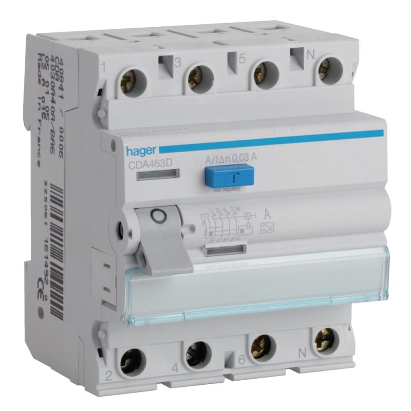 Fejlstrømsafbryder 4Polet Type-A 63A 30mA 6kA 230-400V IP20 Hager