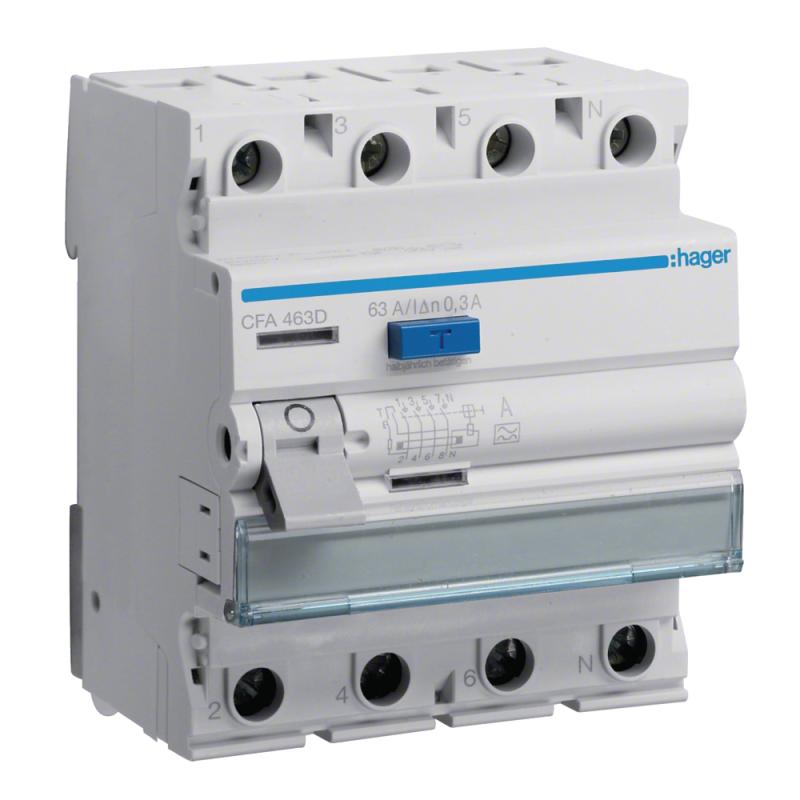 Fejlstrømsafbryder 4 Poler Type-A 63A 300mA 230-400V IP20 Hager