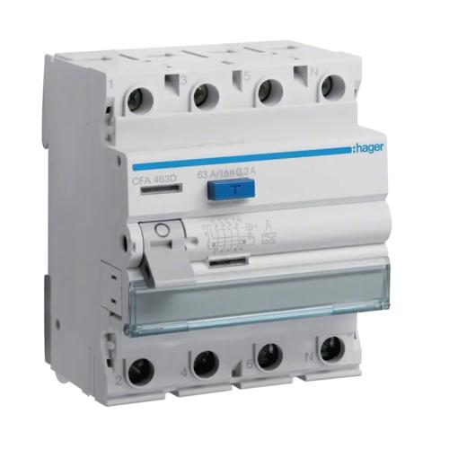 Reststrømsafbryder 4Poler A-Type 63A 230-400V 300mA IP20 Hager