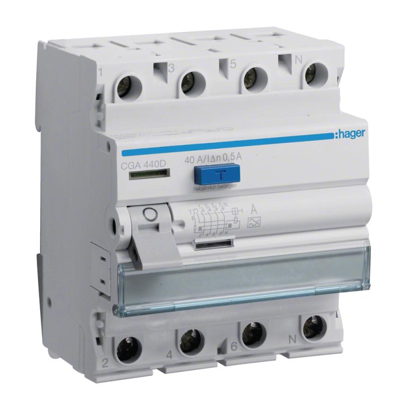 Fejlstrømsafbryder 4-Polet Type-A 40A 500mA 6kA 230/400VAC IP20 Hager