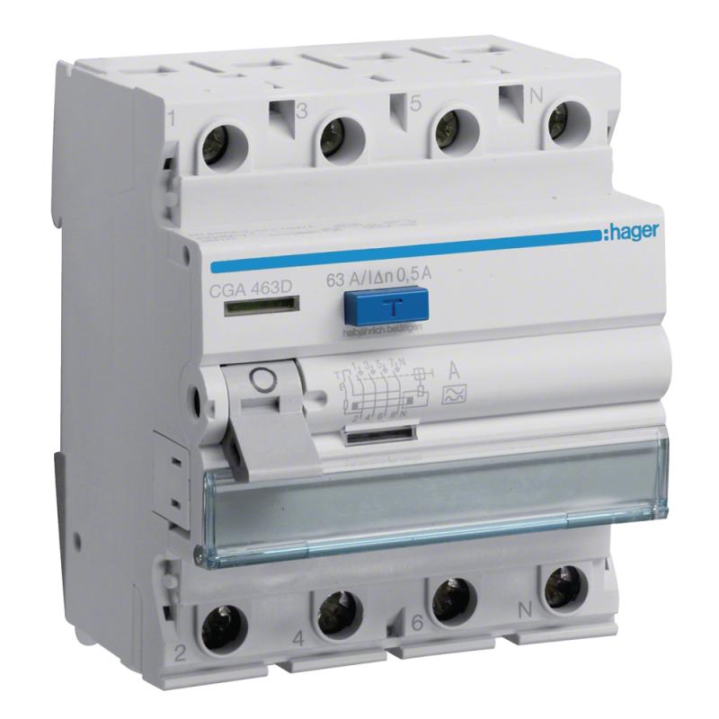 Fejlstrømsafbryder 4Poler Type-A 63A 500mA 230-400V IP20 Hager
