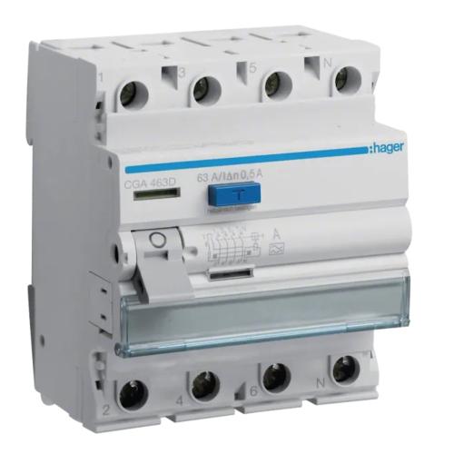 Differentialafbryder 4Polet A-Type 63A 500mA 230-400V IP20 Hager