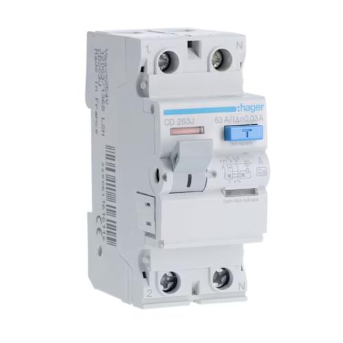 Reststrømsafbryder 2Polet A-Type 63A 230V 30mA IP20 Hager