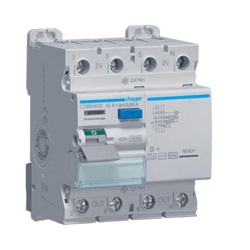 Reststrømsafbryder 3Polet+N B-Type 40A 400V 30mA IP20 Hager