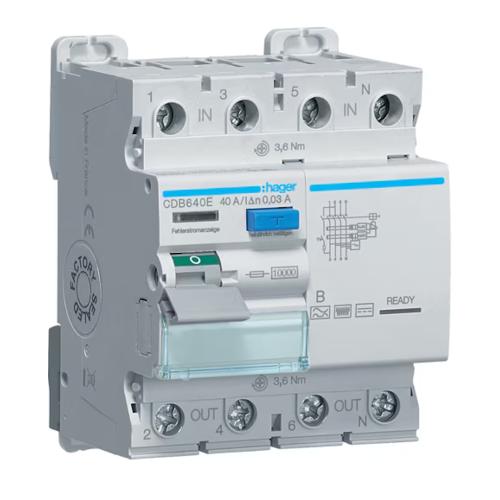 Reststrømsafbryder 3Polet+N B-Type 40A 400V IP20 Hager
