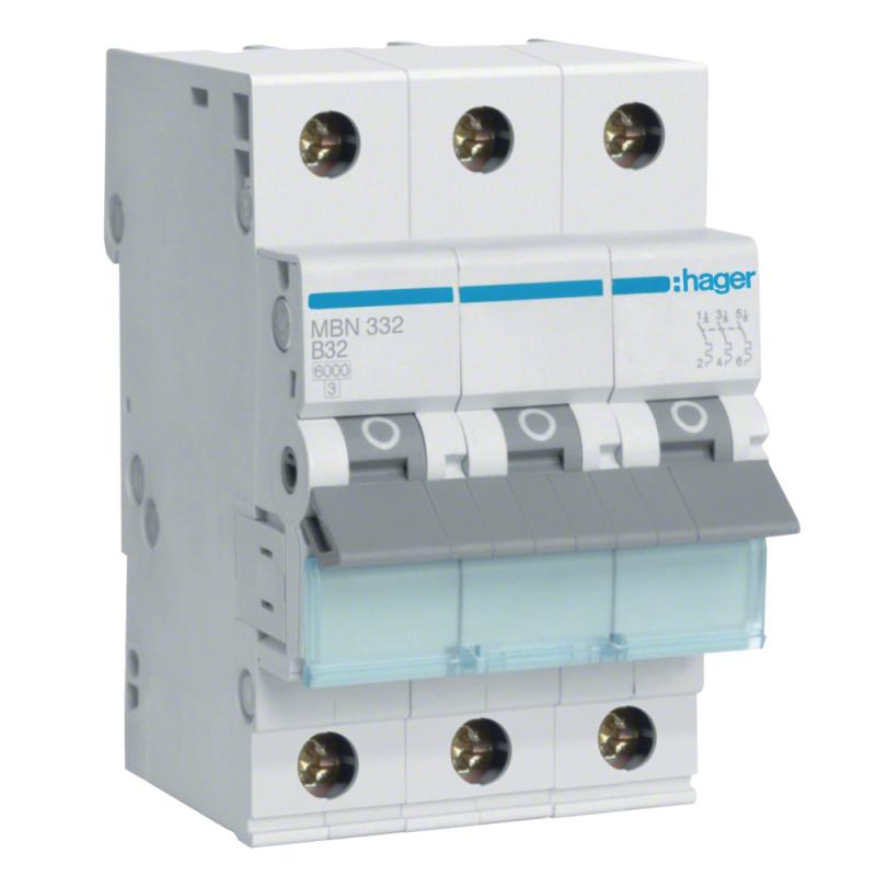 Mini-Automatsikring Skruetilslutning 3Poler B-Karakteristik 32A 6kA 400V IP20 Hager