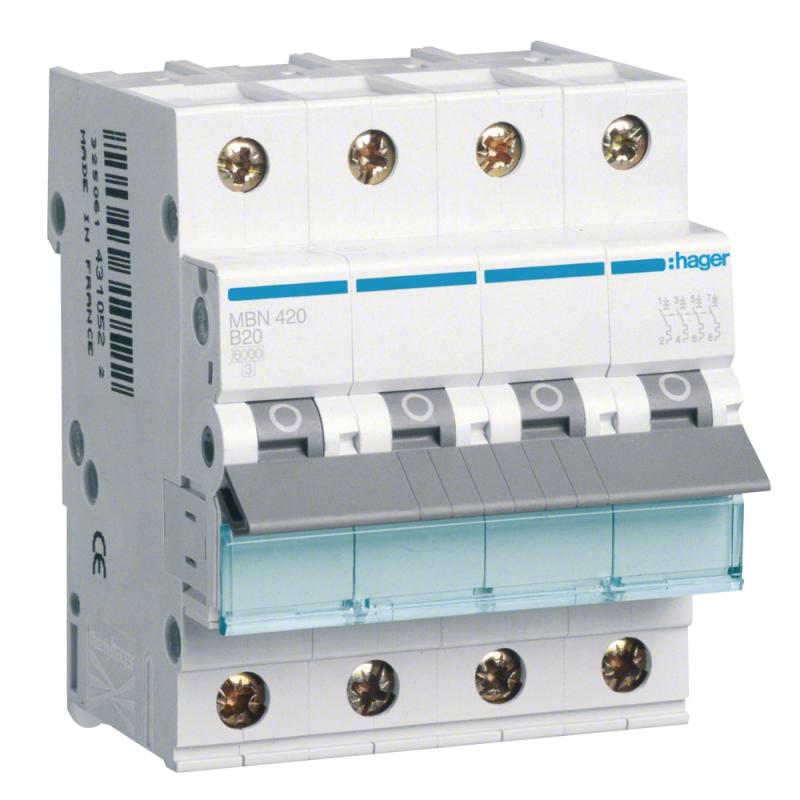 Miniatureafbryder Skruetilslutning 4Poler B-Karakteristik 20A 6kA 230-400V IP20 Hager