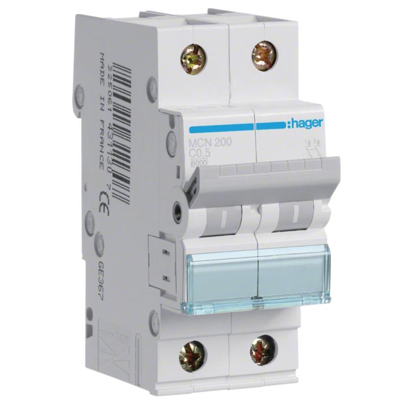 Miniatureafbryder Skruetilslutning 2Poler C-Karakteristik 0,5A 6kA 400V IP20 Hager