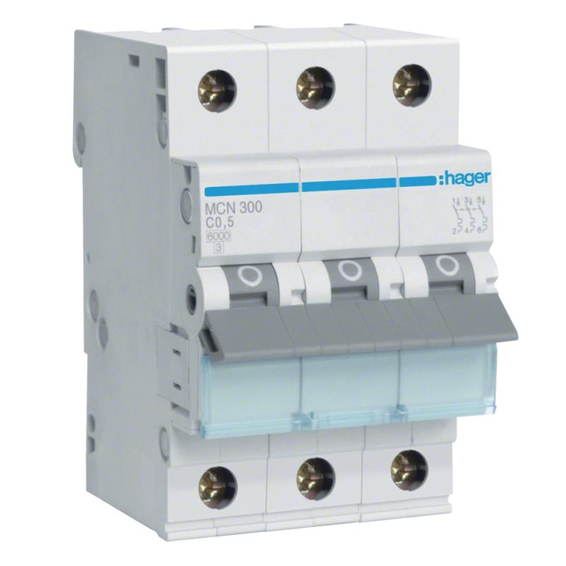 Miniatureafbryder Skruetilslutning 3Poler C-Karakteristik 0,5A 6kA 230-400V IP20 Hager