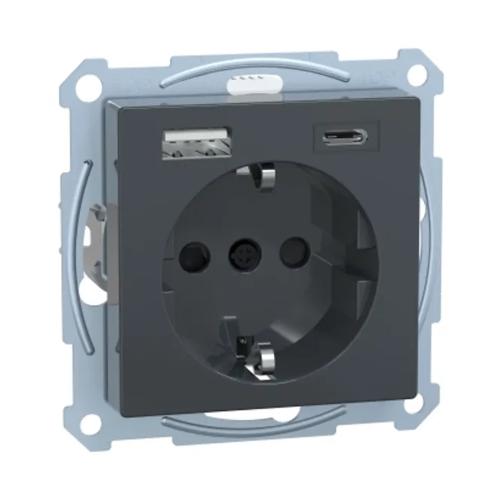 Schuko Merten Stik Med USB A+C 2Polet+J 16A 250V IP20 Antracit Schneider Electric