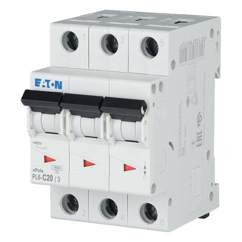 Miniatureafbryder PL6 3Polet C-Kurve 20A 6kA 400V IP20 Eaton