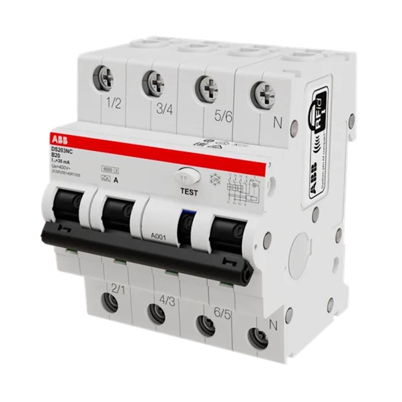 RCBO 3Poler+N B-Curve AC-Type 20A 30mA 400V IP20 ABB