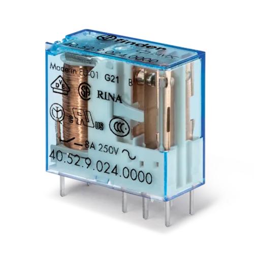 Plug In Relæ Til PCB 2CO 5mm Stifter 8A 24VDC 50stk Finder