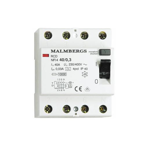 RCB Fejlstrømsrelæ, 40A, 4 Poltal, 300mA, Malmbergs 2144030