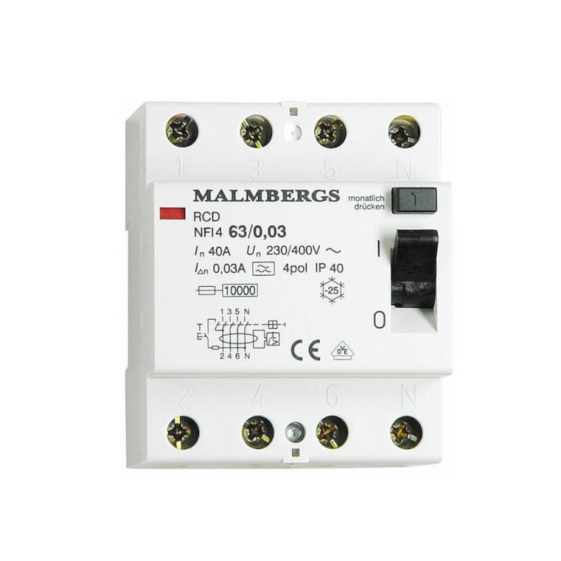 RCCB A Type, 63A, 4 Pole, 30mA, Malmbergs 2146303