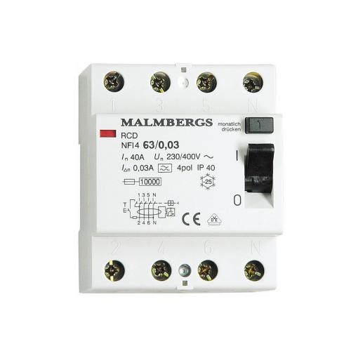 RCB Fejlstrømsrelæ A Type, 63A, 4 Pol, 30mA, Malmbergs 2146303