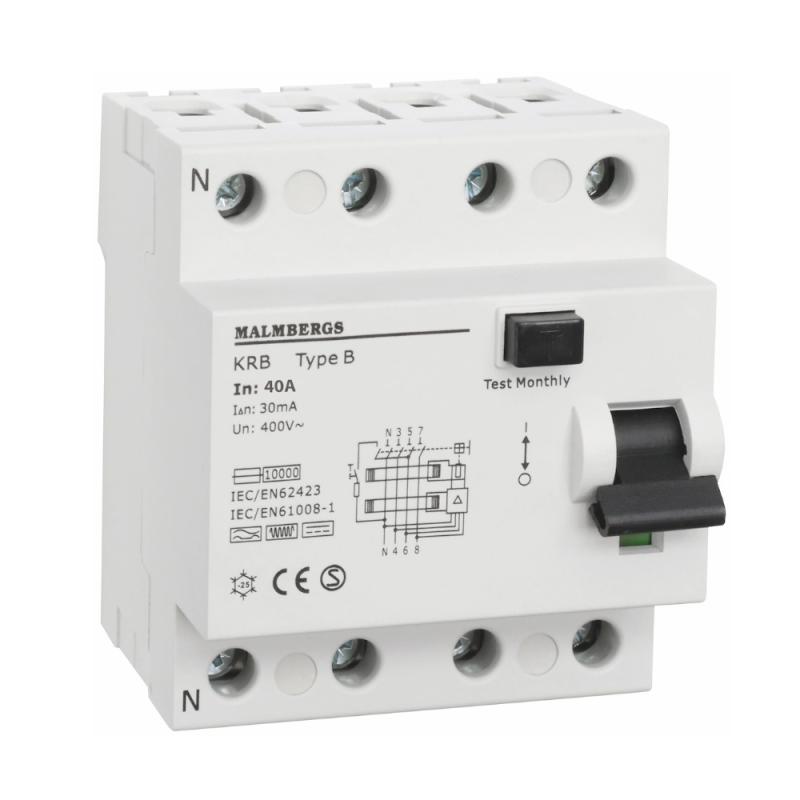 Fejlstrømsafbryder B-Type 4-Polet 40A 30mA 230/400V IP20 Malmbergs 2160540