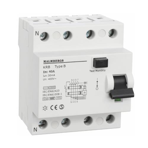 Fejlstrømsafbryder B-Type 4-Polet 40A 30mA 230/400V IP20 Malmbergs 2160540