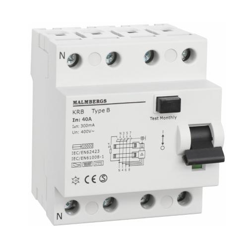 Fejlstrømsafbryder B-Type 4-Polet 40A 300mA 230/400V IP20 Malmbergs 2160541