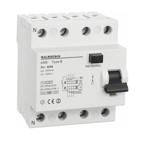 Fejlstrømsafbryder B-Type 4-Polet 63A 300mA 230/400V IP20 Malmbergs 2160543