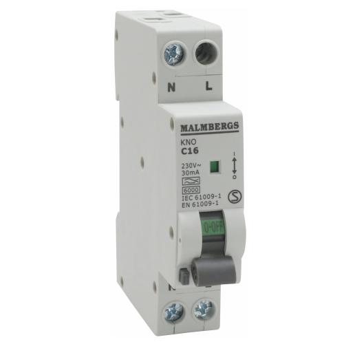 Personlig Beskyttelseskontakt, 1P+N, C16A, 30mA, 5,2W, 230V, Malmbergs 2160553