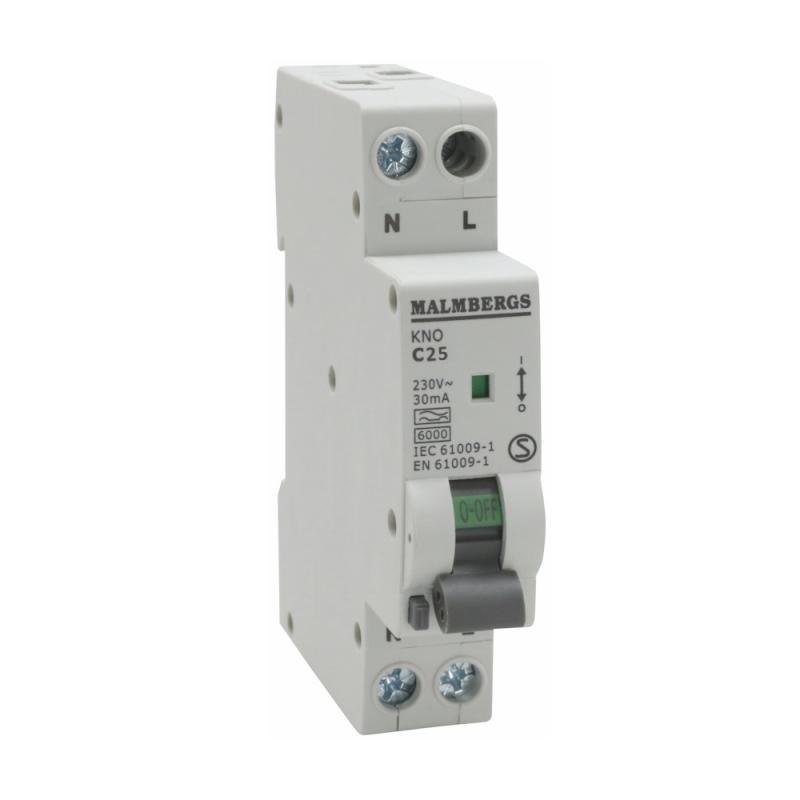 Personlig Beskyttelseskontakt, A-Type, 1P+N, C25A, 30mA, 1 Modul, Malmbergs 2160555