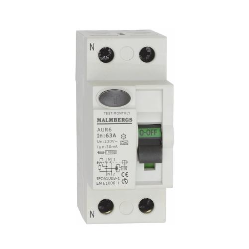 Jordfejlsafbryder, A-Type, 63A, 2-Polet, 30mA, Malmbergs 2169712