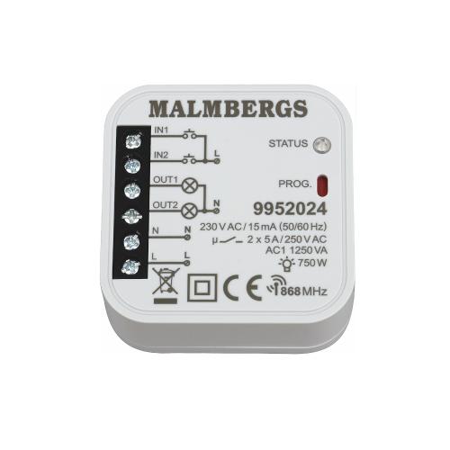 Trådløs Modtager, 868MHz, 2-Kanals, IP20, 750W, 230V Malmbergs 9952024