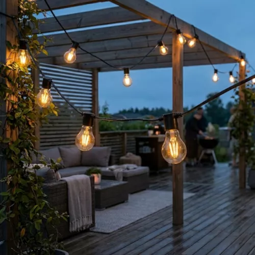 String 10 Amber LED Udskiftelig E27 IP44 Sort Kunstsmedning med ekstraudstyr