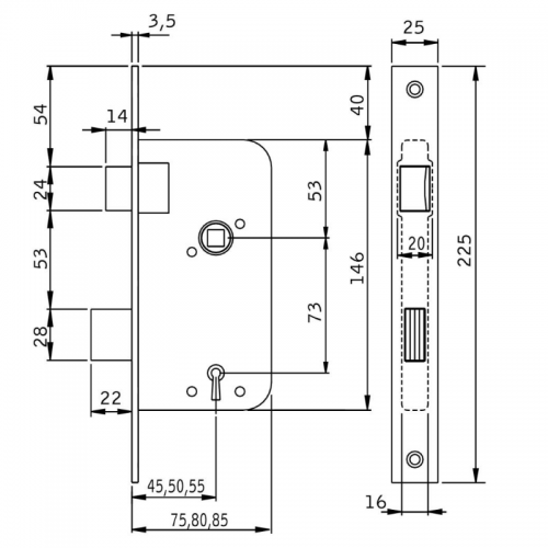 Låshus 40B7-75 Höger