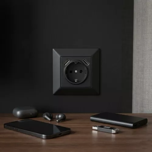 Delta Vægstikkontakt Med USB-Stikkontakt 1-Vejs Og 2xUSB 16A IP20 Sort Malmbergs 1893841