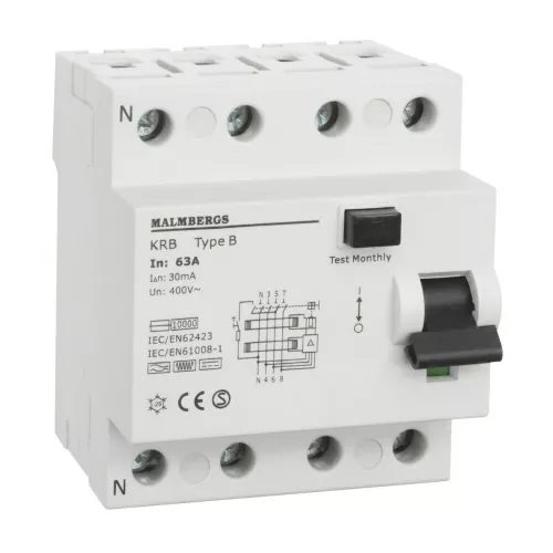 Jordfelsbrytare B-Typ 4-Polig 63A 30mA 230/400V IP20 Malmbergs 2160542