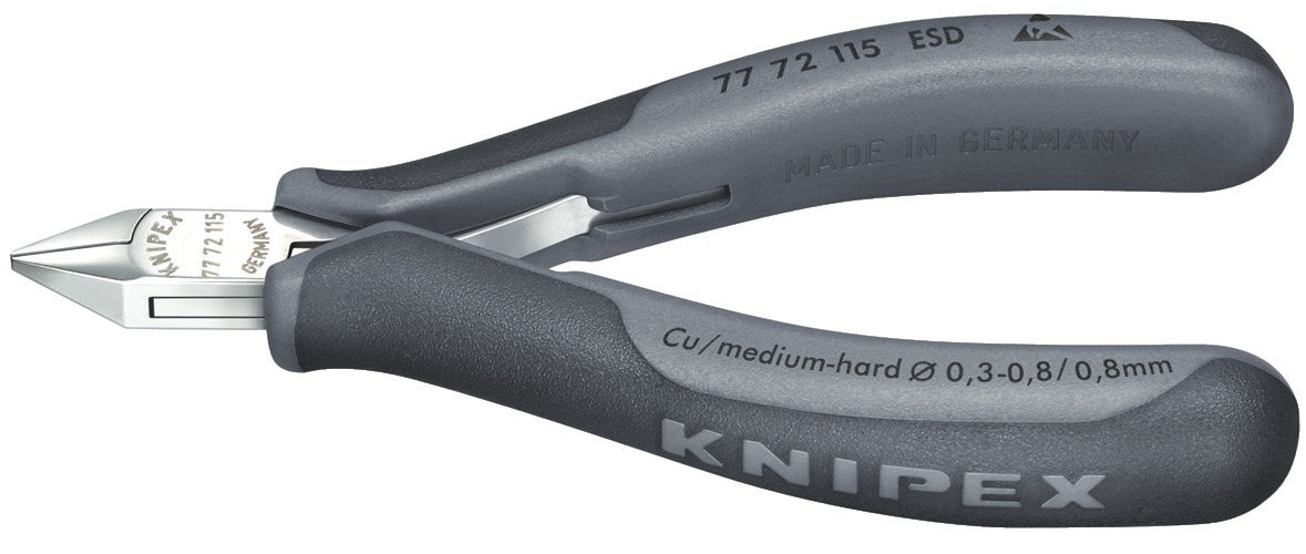 Elektroniksidavbitare Esd, 115Mm, Med Liten Fasett, Spetsigt Minihuvud, Ø Mjuk Tråd: 0,3-0,8 Mm, Knipex