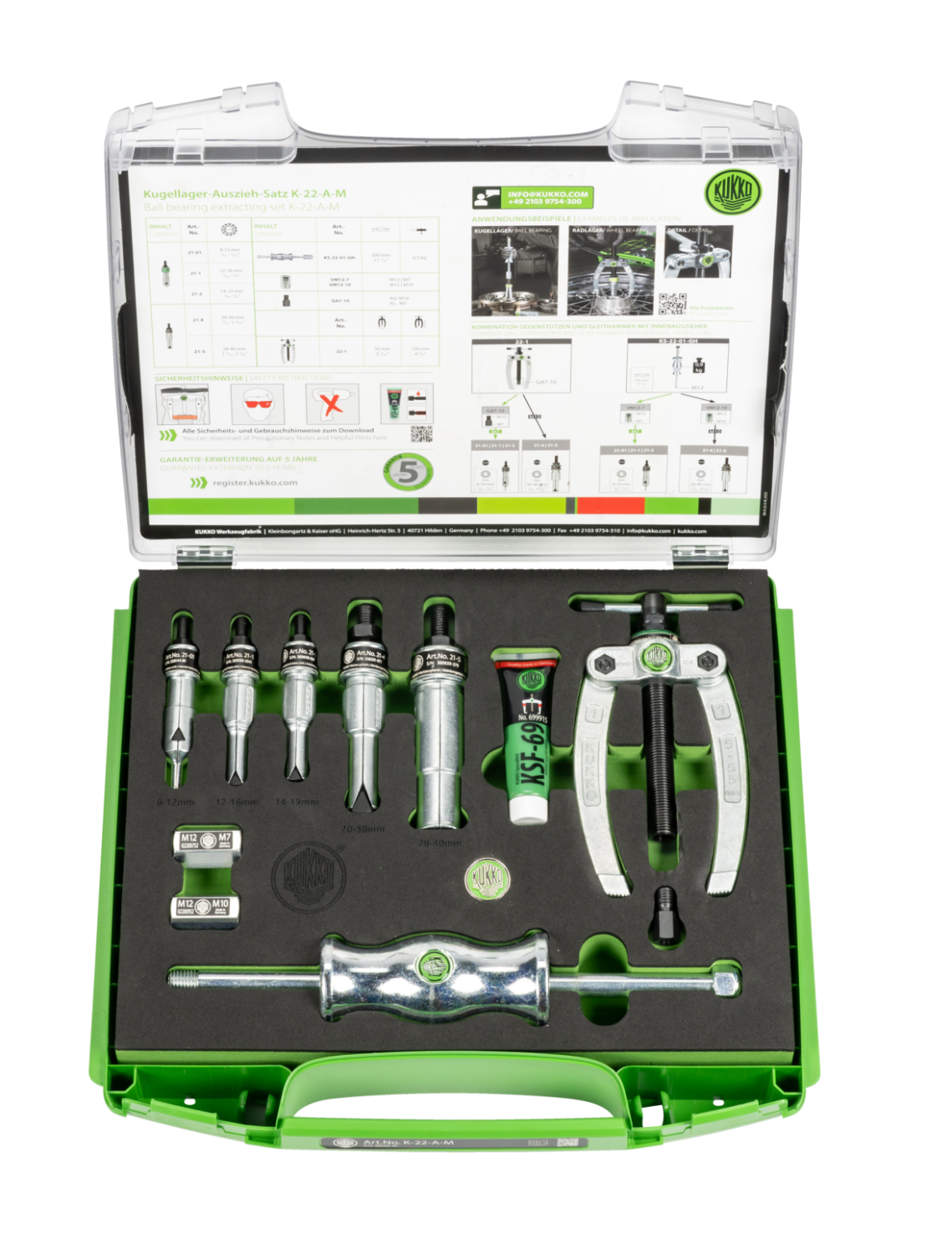 Lageravdragare 10-delar med mothåll & glidhammare Ø 8-40 mm K-22-A-M