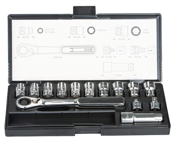 Makita B-65595 Hylsnyckelsats med genomgående hylsor, 14 delar