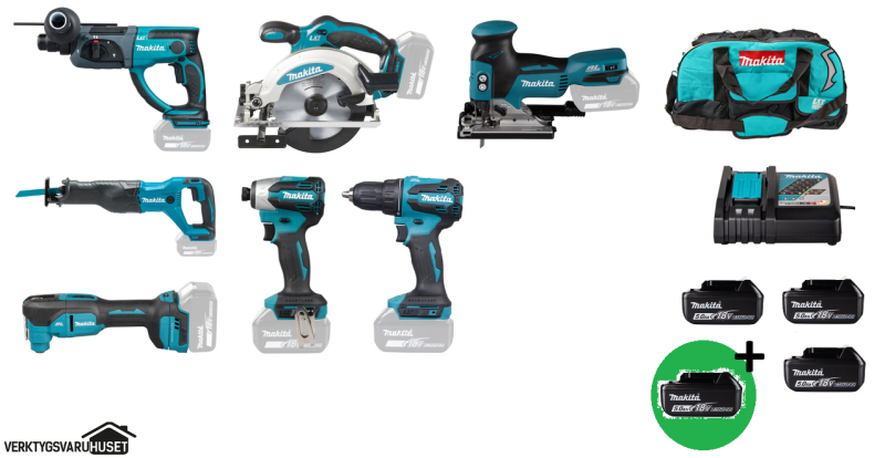 Makita DLX6141T PLUS Combokit 7 st maskiner & väska +1st extra 5,0Ah-batteri-på-köpet! Värde 995:-