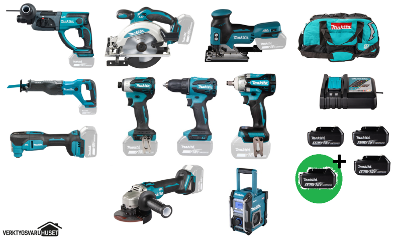 Makita DLX6141T SuperPlus Combokit 9 st maskiner +Radio & väska +1st extra 5,0Ah-batteri-på-köpet! Värde 995:-
