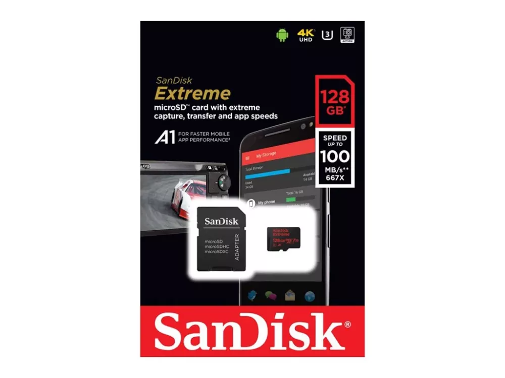 Sandisk Memory Card Secure Digital Micro 128GB SDXC Extreme 100MB/s A1 C1 V30 UHS-1 inkl Rescue Pro Deluxe