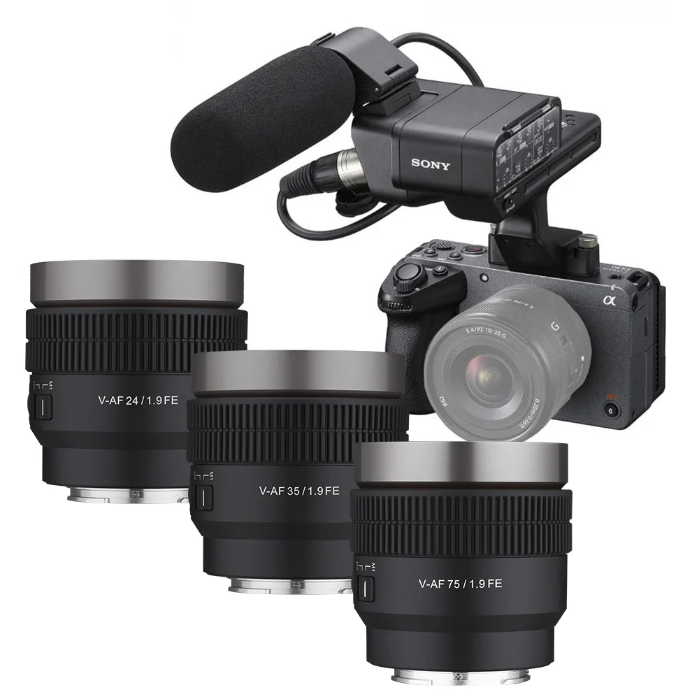 Sony FX30 med XLR-handtag + Samyang V-AF 24mm, 35mm, 75mm T1.9 Kit