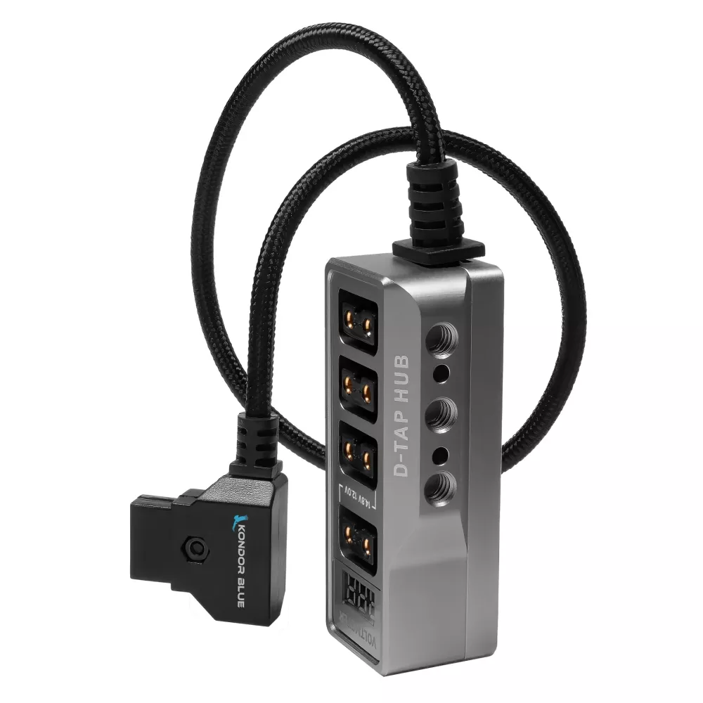 Kondor Blue 12v Metal D-tap Hub Voltmeter 4 Way Port Power Tap Splitter (1/4”-20 Threads)