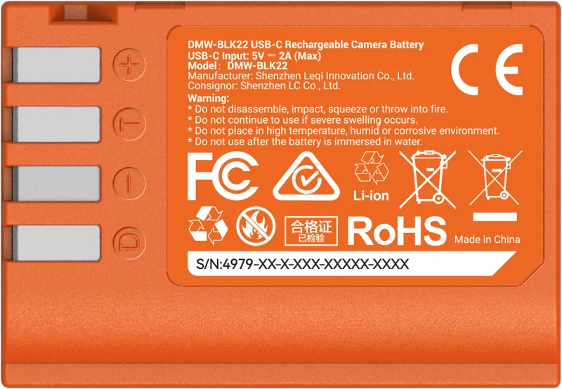 SmallRig 4979 Camera Battery USB-C Rechargeable DMW-BLK22 Orange