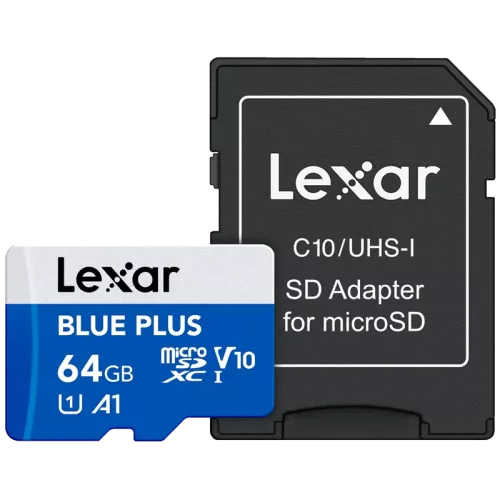 Lexar microSDHC Blue Plus UHS-I with SD adapter, up to 100MB/s read  C10/A1/U3 (V30) 64GB