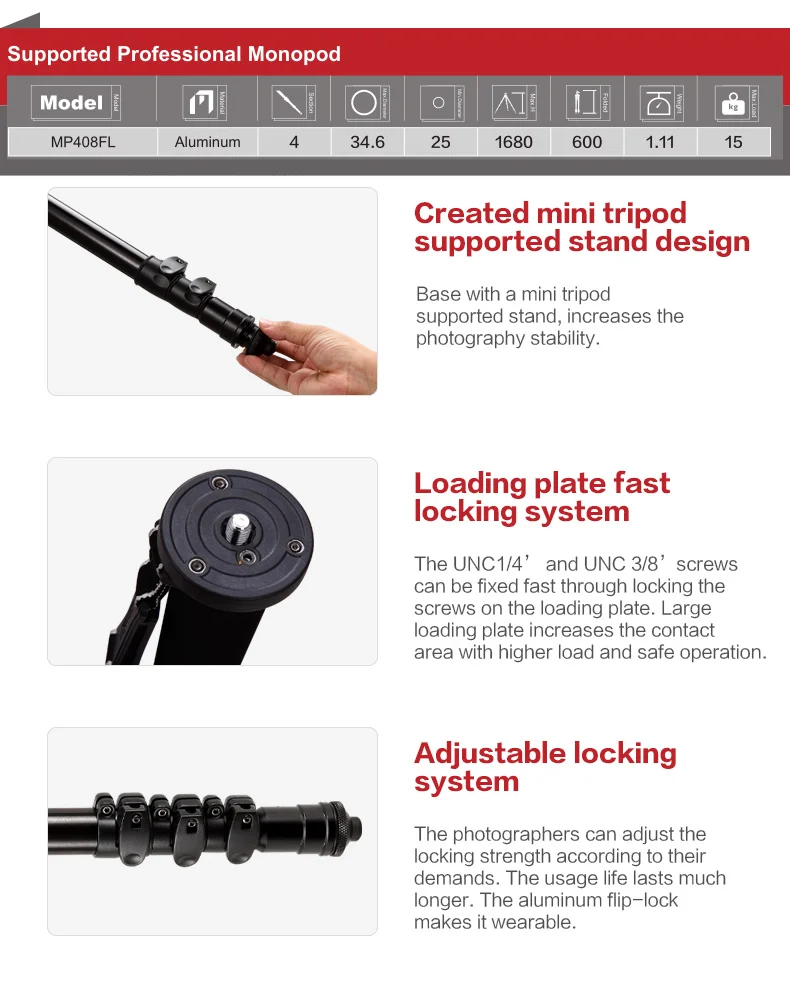 Monopod MP408FL Enbenstativ Kingjoy