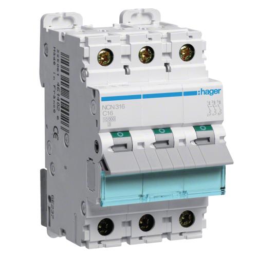 Miniatyrbrytare Skruvanslutning 3Poler C-Karakteristik 16A 10kA 400V IP20 Hager