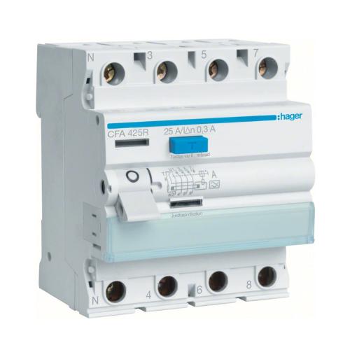 Restströmsbrytare 4Poler A-Typ 25A 400V 300mA IP20 Hager