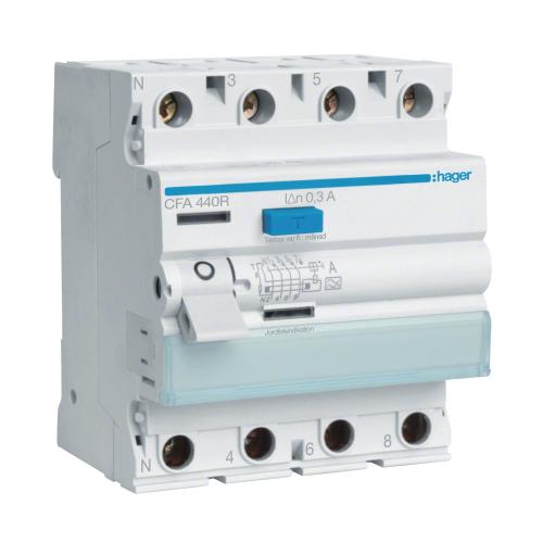 Restströmsbrytare 4Poler A-Typ 40A 400V 300mA IP20 Hager