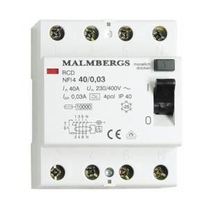 RCCB, 40A, 4 Poles/Modules, 30mA, Malmbergs 2144003