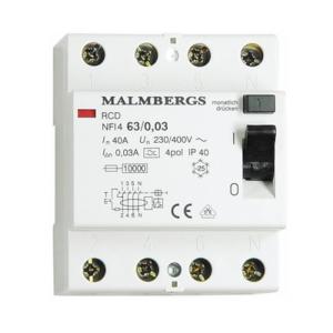 RCCB, 63A, 4 Poles/Modules, 30mA, Malmbergs 2146303