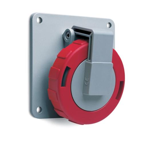 Amphenol Vægstik 32A CEE 432-6 IP67 Panel Vinklet Rød