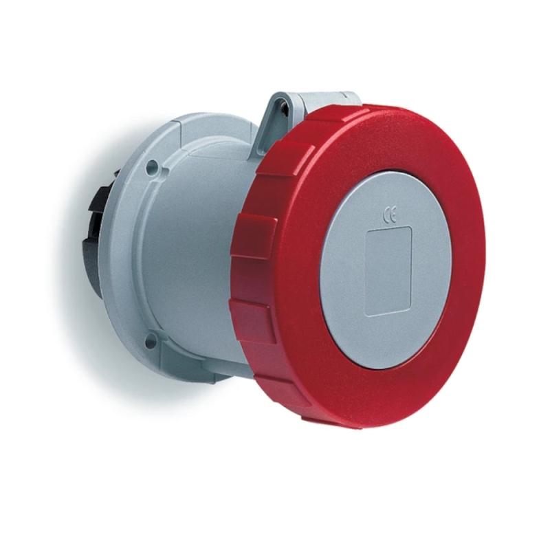 Amphenol Vägguttag 63A CEE 363-6 IP67 Panel Rak Röd